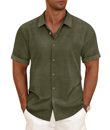 HOTCURBODO Linen Blend Shirts for Men Casual Short Sleeve Button Down Shirt Cool Summer Beach Wedding Vacation Tops