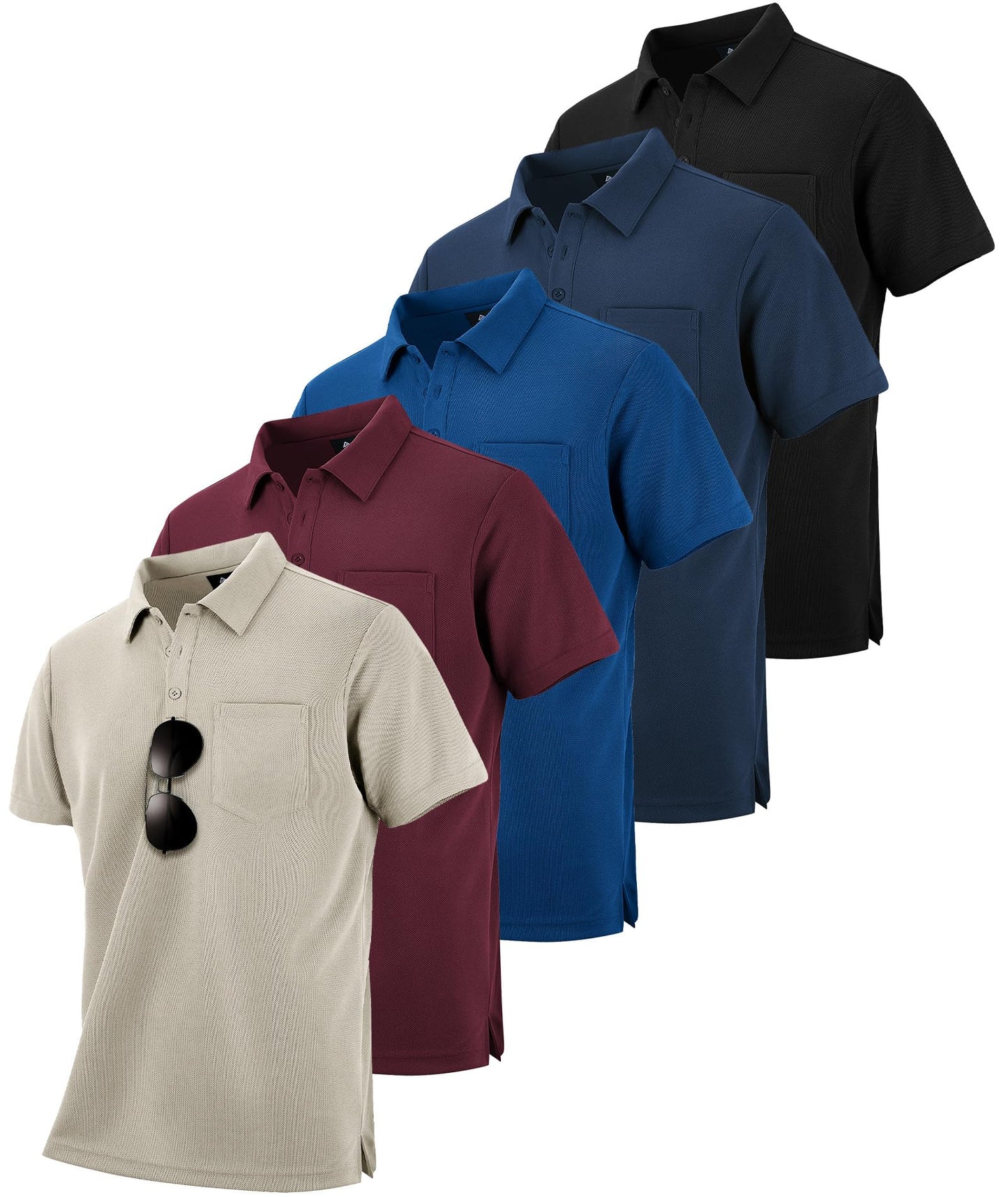 HOTZITY 5 Pack Polo Shirts for Men with Pocket Dry Quickly Short Sleeve Athletic Outdoor Work Collared Shirts