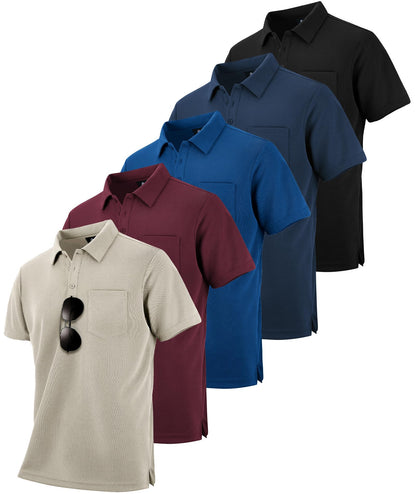 HOTZITY 5 Pack Polo Shirts for Men with Pocket Dry Quickly Short Sleeve Athletic Outdoor Work Collared Shirts