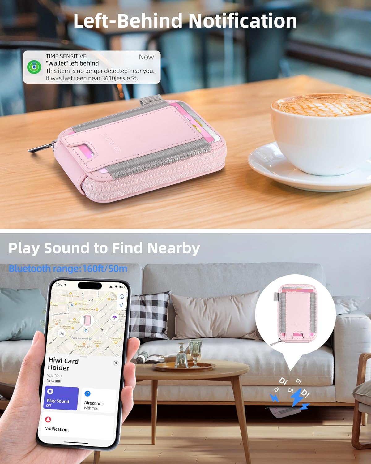 HOTSmall Wallet for Women with Rechargeable Find My Tracker Built-in, Zipper Accordion Credit Card Holder with Keyring, Anti-loss Fashion Minimalist Slim, Pink