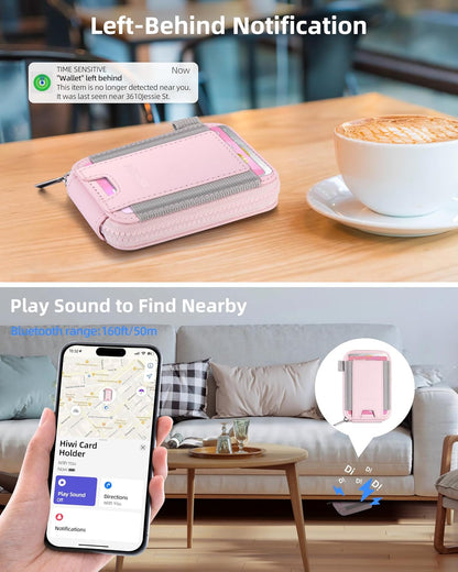HOTSmall Wallet for Women with Rechargeable Find My Tracker Built-in, Zipper Accordion Credit Card Holder with Keyring, Anti-loss Fashion Minimalist Slim, Pink