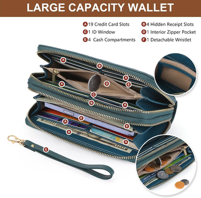 HOTyiijay Womens Wallet RFID Blocking Large Capacity Vegan Leather Double Zip Wristlet Wallet Card Holder Travel Ladies Clutch