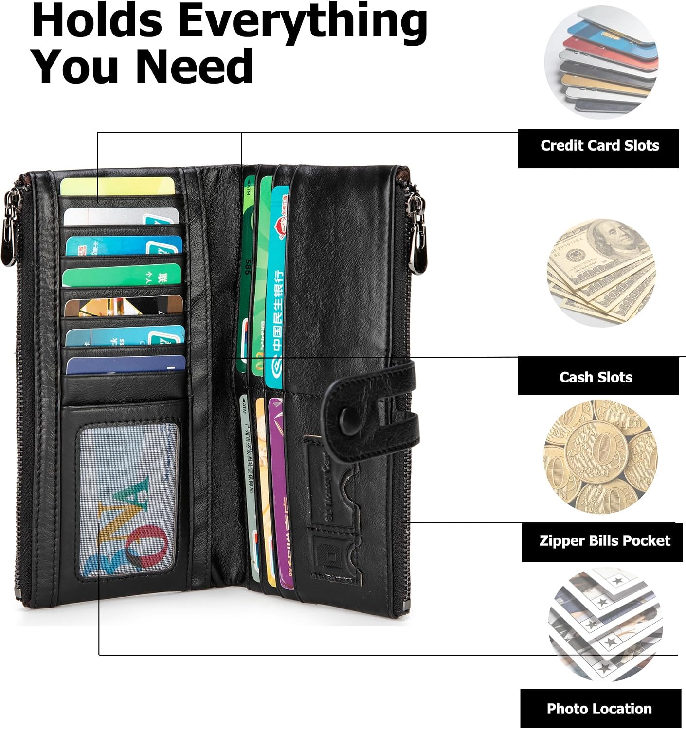HOTmyfriday Women's RFID Blocking Genuine Leather Wallet, Bifold Long Clutch Wallet Money Clips Ladies Card Holder Purse