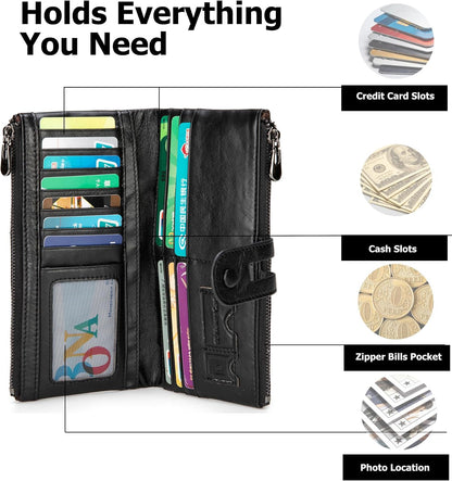 HOTmyfriday Women's RFID Blocking Genuine Leather Wallet, Bifold Long Clutch Wallet Money Clips Ladies Card Holder Purse