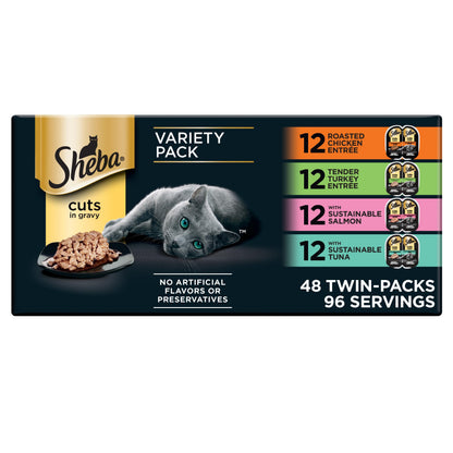HOTSheba Perfect Portions Cuts Wet Cat Food, Chicken & Turkey, 2.6 oz, 12 ct | Grain-free, Roasted Chicken & Tender Turkey, adult cat food, protein-rich, no fillers or artificial flavors, twin-pack trays
