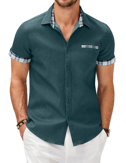 HOTCOOFANDY Men's Cotton Casual Short Sleeve Button Down Shirt Plaid Collar Denim Work Shirts