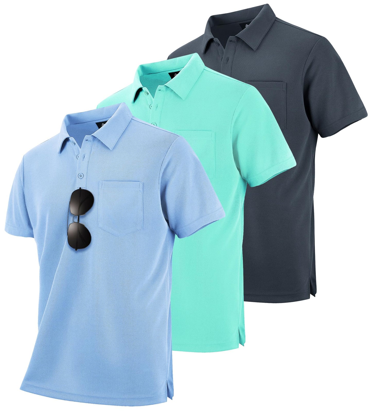 HOTZITY Men's 3 Pack Polo Shirts Short Sleeve with Pocket Moisture Wicking Casual Work Golf Lightweight Collared T-Shirts