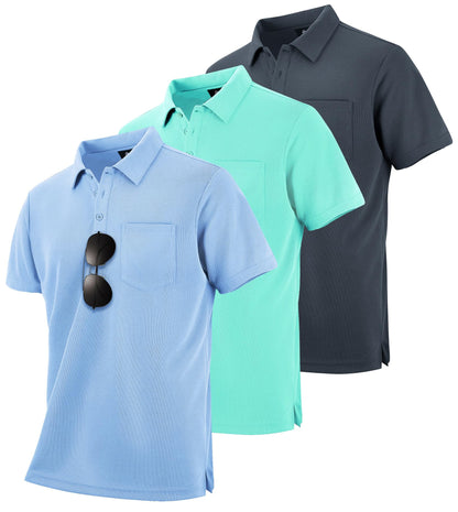 HOTZITY Men's 3 Pack Polo Shirts Short Sleeve with Pocket Moisture Wicking Casual Work Golf Lightweight Collared T-Shirts
