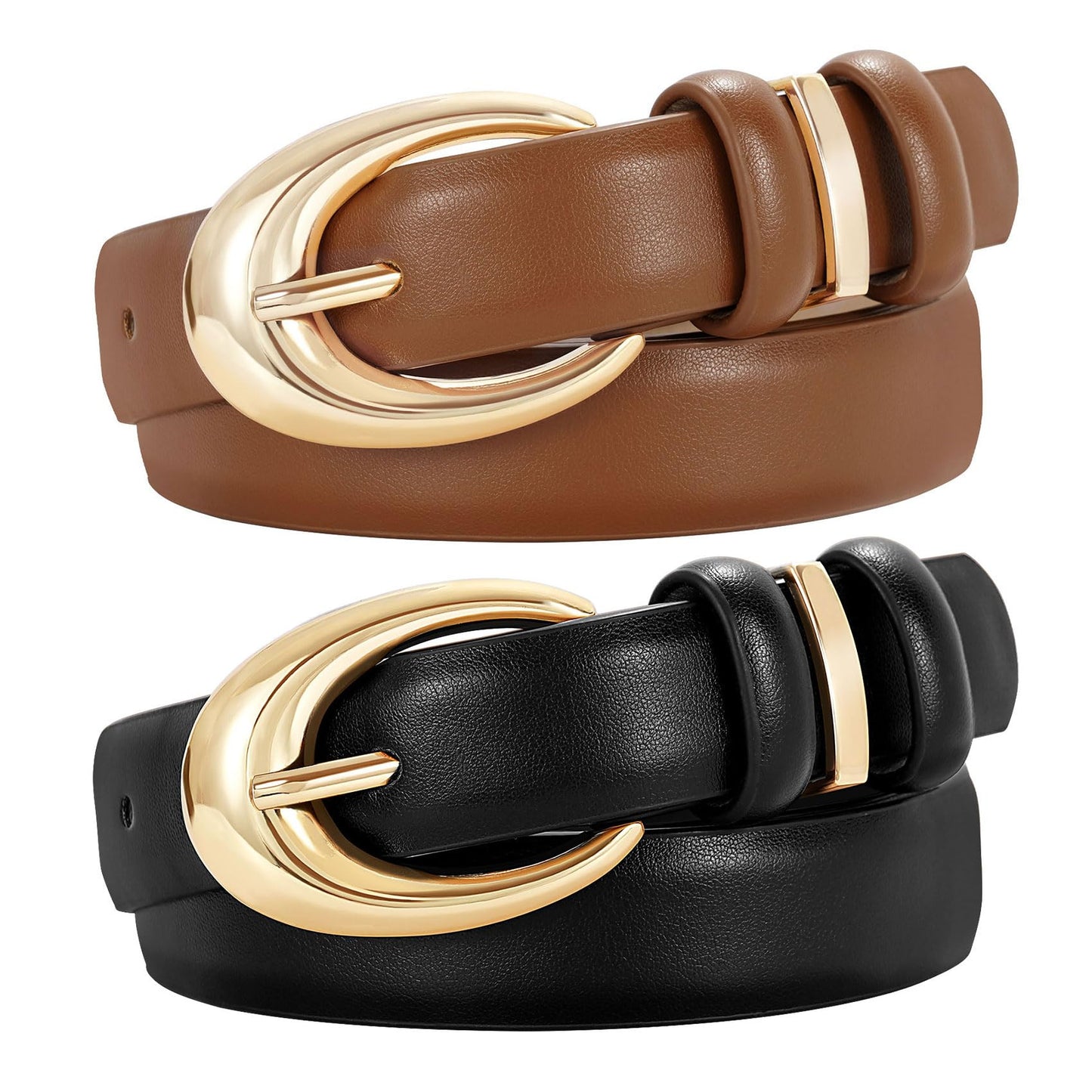 HOTTRIWORKS 2 Pack Women Leather Belt for Jeans Pants Fashion Ladies Faux Leather Belt with Gold Buckle