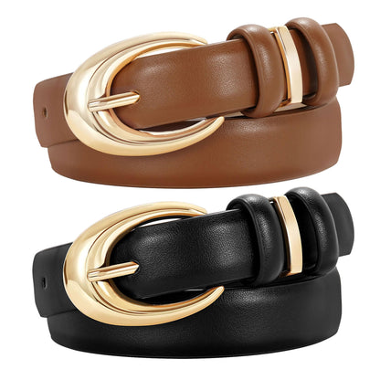 HOTTRIWORKS 2 Pack Women Leather Belt for Jeans Pants Fashion Ladies Faux Leather Belt with Gold Buckle