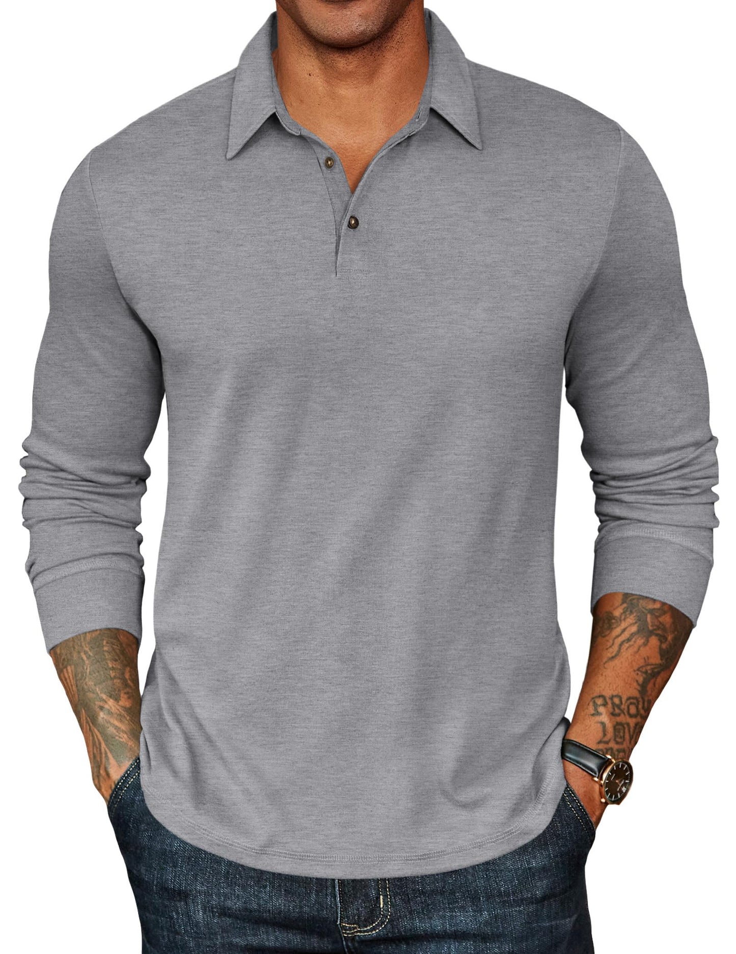 HOTCOOFANDY Mens Long Sleeve Polo Shirts Classic CasualButton Collared PoloTee
