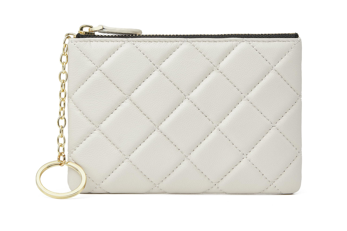 HOTDORIS&JACKY Quilted Leather Coin Purse for Women Mini RFID Zipper Wallet | Soft Lambskin Credit Card Holder with Key Chain, Small Designer Coin Pouch, RFID Blocking Functional Card Case