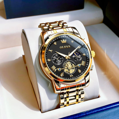 HOTOLEVS Men Watches Stainless Steel Chronograph Watch, Large Wrist Analog Quartz Watch, Fashion Waterproof Diamond Roman Numerals Dress Watches for Men, Gold/Black/White/Blue/Grey Dial