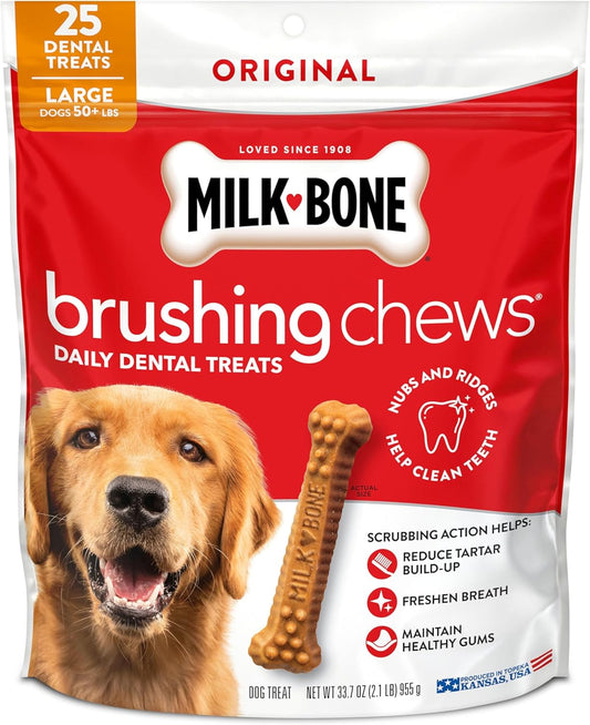 HOTMilk-Bone Brushing Chews Large Daily Dental Dog Treats, 33.7 oz Bag | 25 treats, chicken flavored, VOHC accepted dental chews, helps clean teeth and freshen breath, for large dogs 50 lbs and up