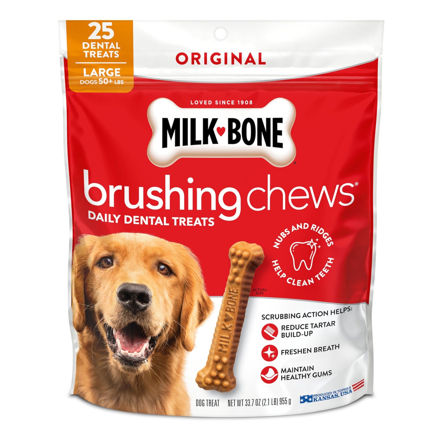 HOTMilk-Bone Brushing Chews Large Daily Dental Dog Treats, 33.7 oz Bag | 25 treats, chicken flavored, VOHC accepted dental chews, helps clean teeth and freshen breath, for large dogs 50 lbs and up