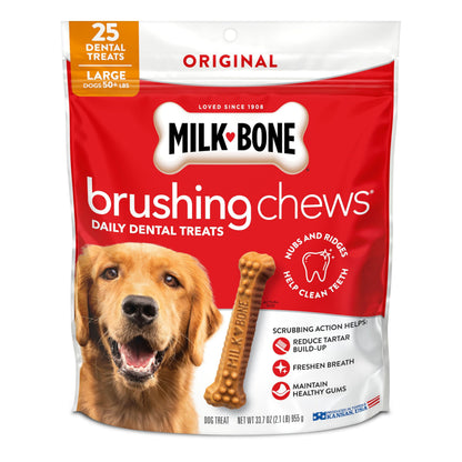 HOTMilk-Bone Brushing Chews Large Daily Dental Dog Treats, 33.7 oz Bag | 25 treats, chicken flavored, VOHC accepted dental chews, helps clean teeth and freshen breath, for large dogs 50 lbs and up