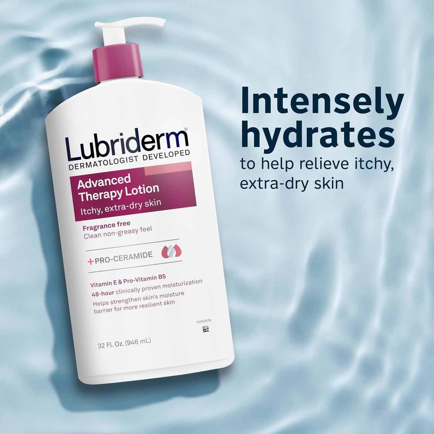 HOTLubriderm Advanced Therapy Body Lotion, Fragrance-Free Lotion for Extremely Dry Skin, Pro-Ceramide Hydration for Itchy, Dry, Sensitive Skin, Hand and Body Lotion, Non-Greasy, Hypoallergenic, 32 Fl Oz