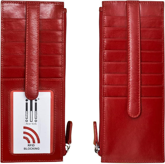 HOTili New York Long Double Sided Slim Wallet, RFID Blocking Card Holder with ID Window and Side Zip Pocket for Men and Women, Red