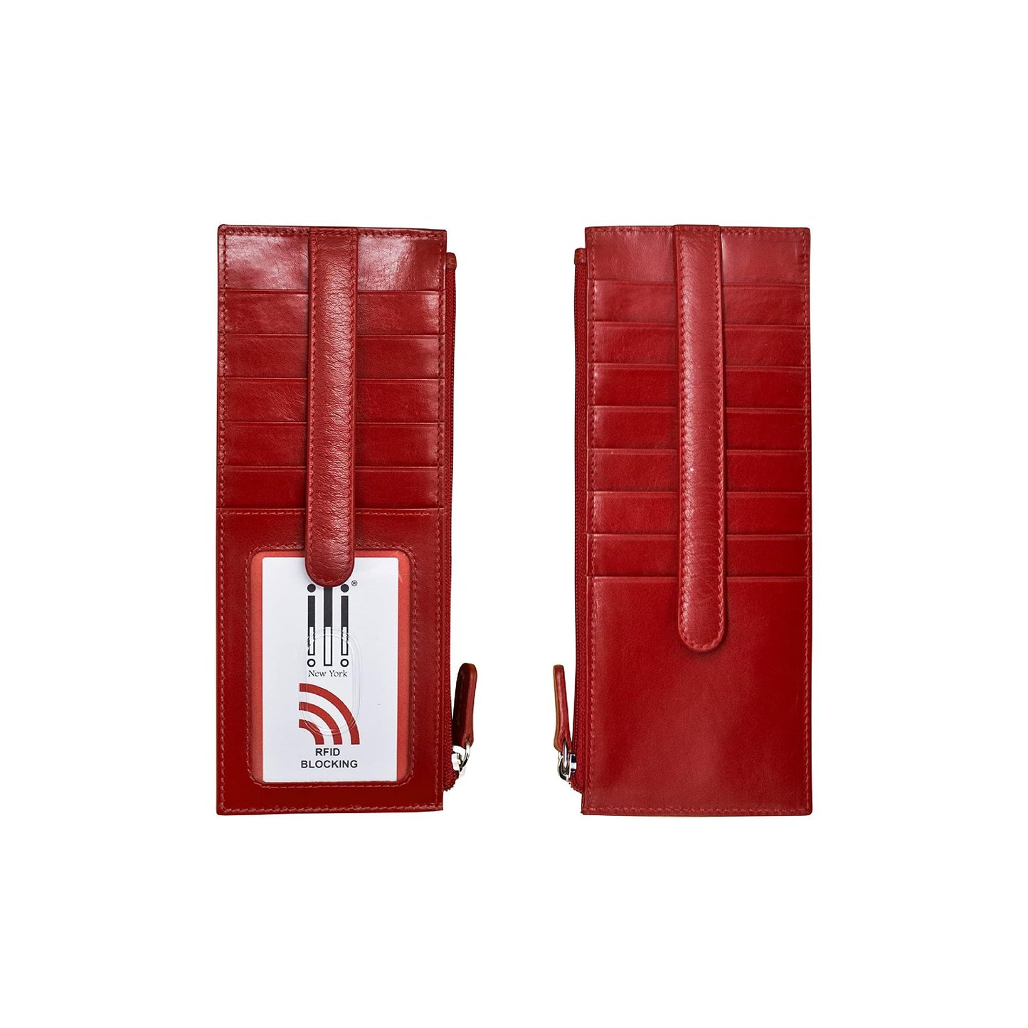 HOTili New York Long Double Sided Slim Wallet, RFID Blocking Card Holder with ID Window and Side Zip Pocket for Men and Women, Red
