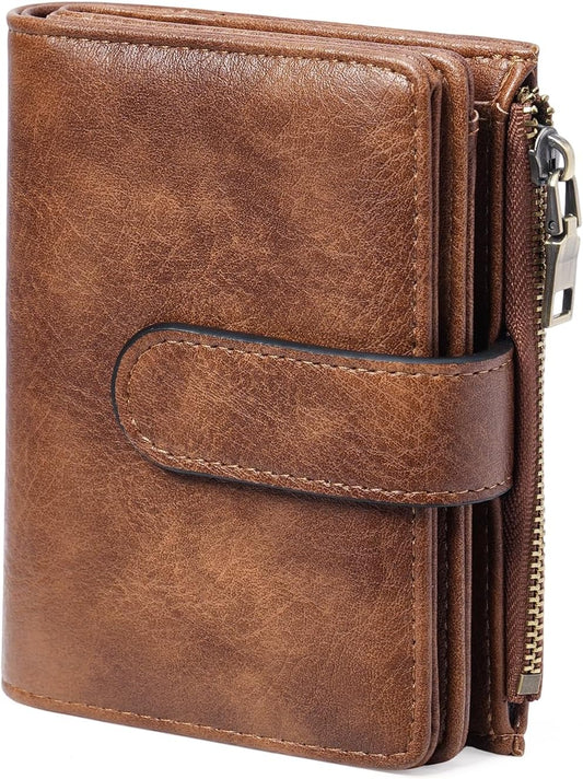 HOTGOIACII Small Wallet Women RFID Blocking Trifold Clutch Ladies Credit Card Holder Zipper Pocket Wallets for Women Brown