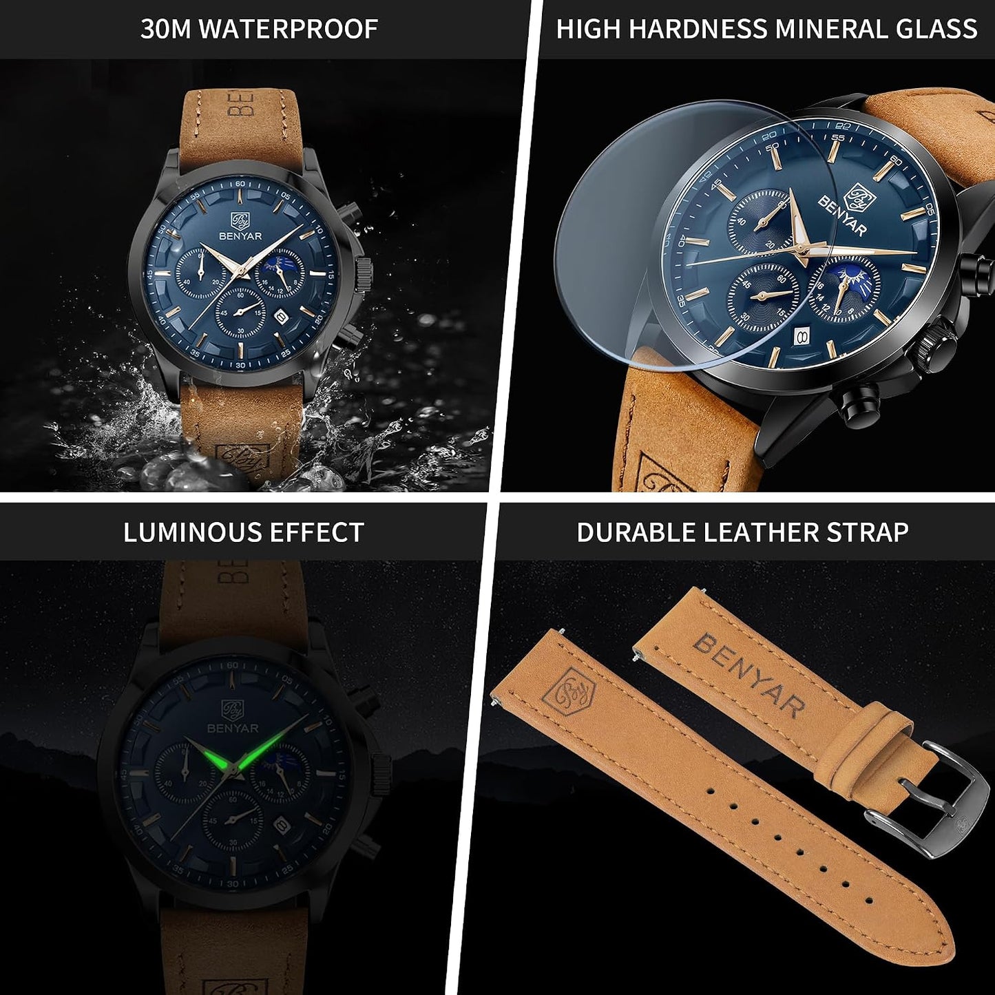 HOTBENYAR Mens Watches Analog Quartz Chronograph Waterproof Wrist Watches for Men Fashion Business Work Casual Sport Designer Dress Watch with Calendar Elegant Gifts for Men