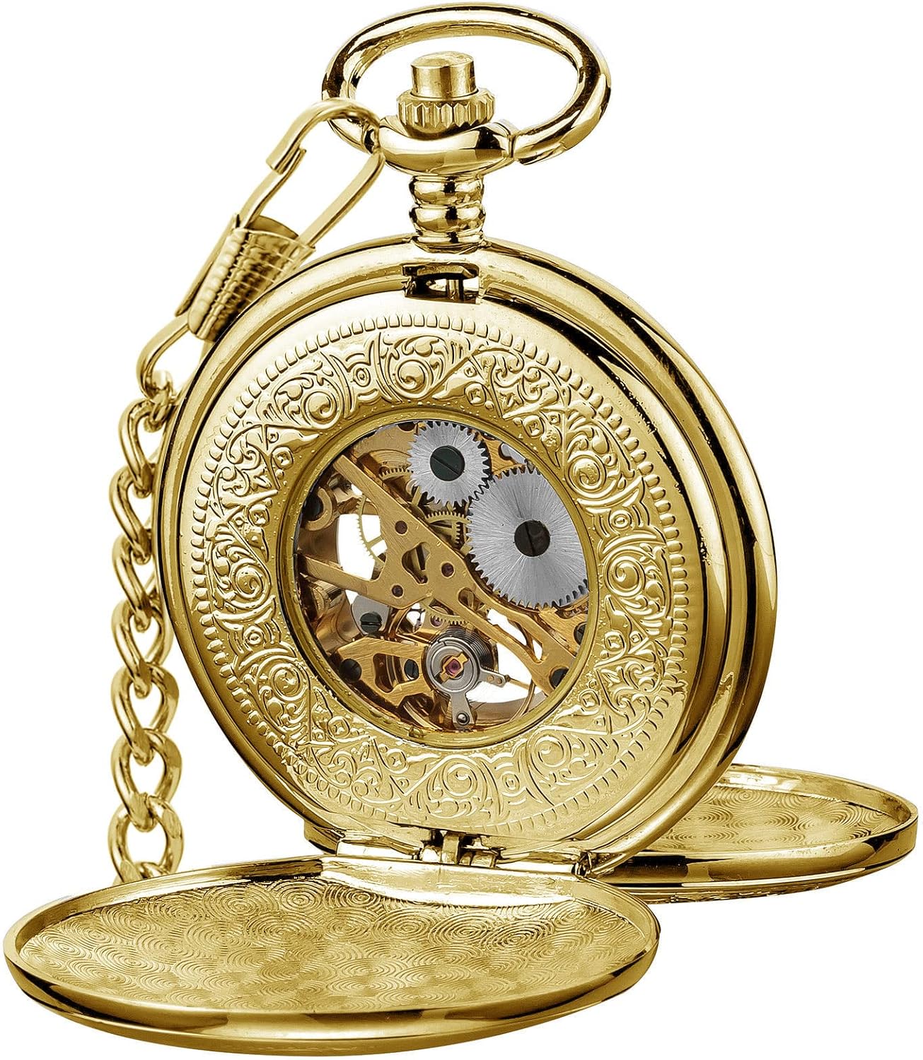 HOTVIGOROSO Mechanical Pocket Watches for Men Skeleton Pocket Watch with Chain | Vintage gold men's pocket watch,Hand wind up mechanical,Roman No. analog pocketwatch,Reloj de bolsillo para hombre,Gift ideal