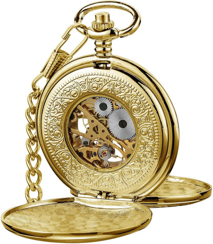 HOTVIGOROSO Mechanical Pocket Watches for Men Skeleton Pocket Watch with Chain | Vintage gold men's pocket watch,Hand wind up mechanical,Roman No. analog pocketwatch,Reloj de bolsillo para hombre,Gift ideal