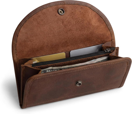 HOTHide & Drink, Full Grain Leather Snap Clutch Wallet for Women, Money Holder and Card Organizer with Zippered Pouch, Handmade, Bourbon Brown