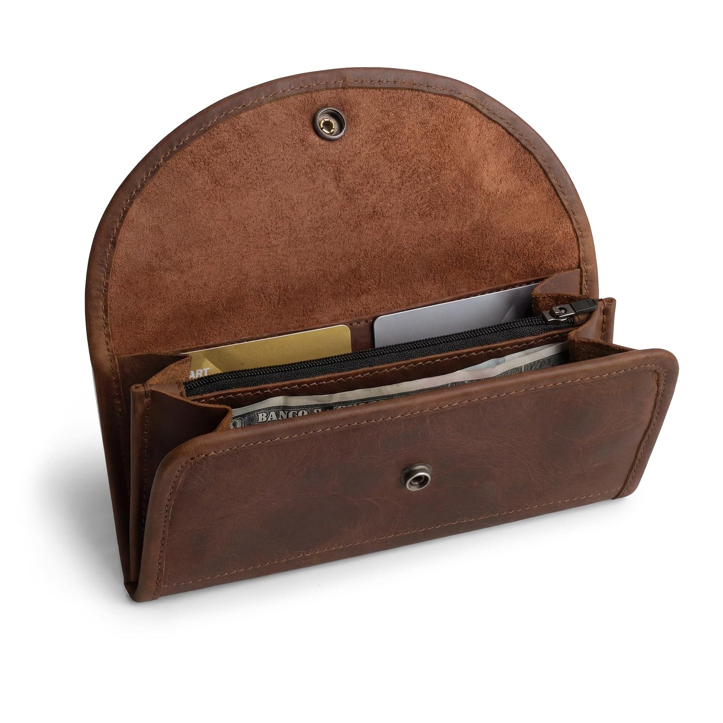 HOTHide & Drink, Full Grain Leather Snap Clutch Wallet for Women, Money Holder and Card Organizer with Zippered Pouch, Handmade, Bourbon Brown