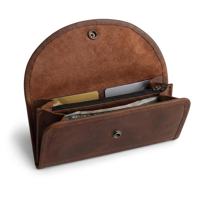 HOTHide & Drink, Full Grain Leather Snap Clutch Wallet for Women, Money Holder and Card Organizer with Zippered Pouch, Handmade, Bourbon Brown