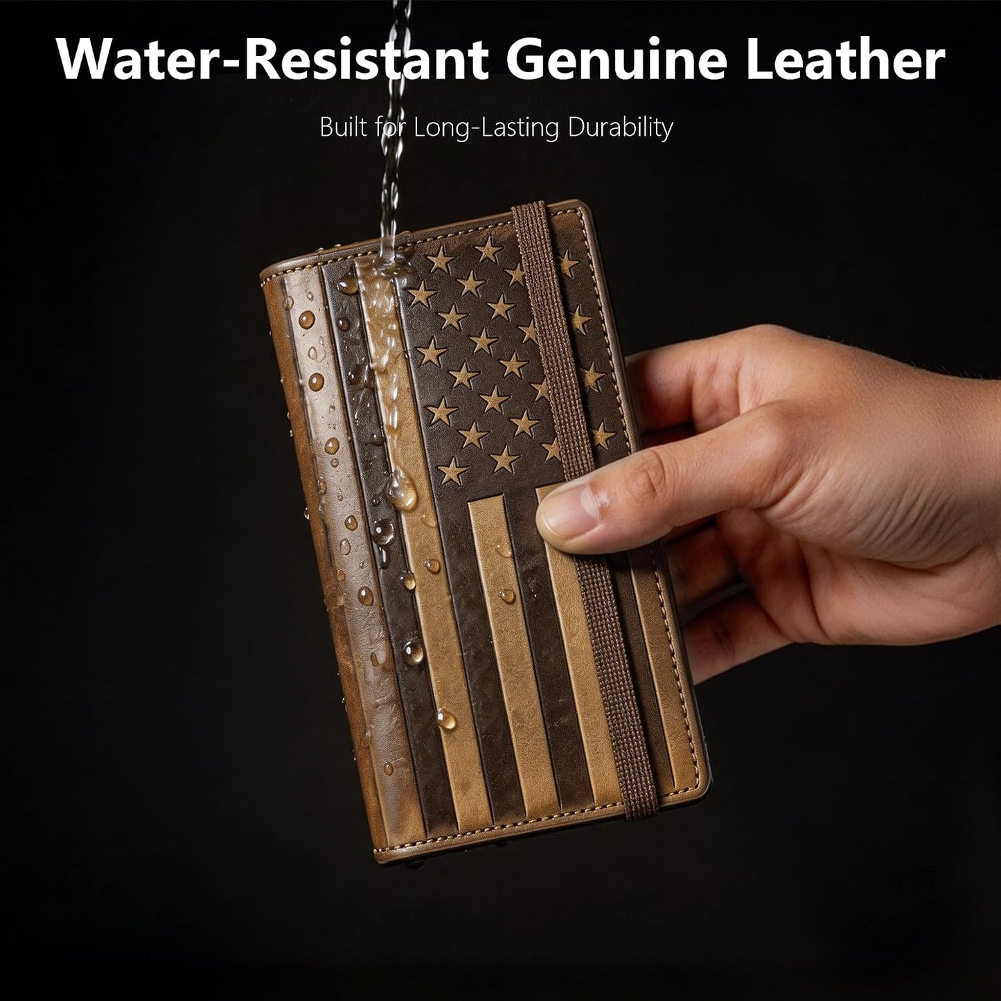 HOTEspera USA Flag Themed Genuine Leather Checkbook Cover for Men and Women, Check Book Covers for Personal Checkbook with Elastic Band