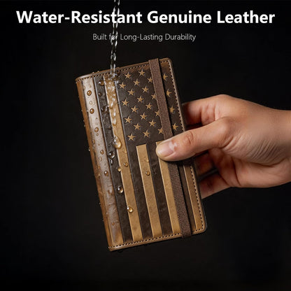 HOTEspera USA Flag Themed Genuine Leather Checkbook Cover for Men and Women, Check Book Covers for Personal Checkbook with Elastic Band