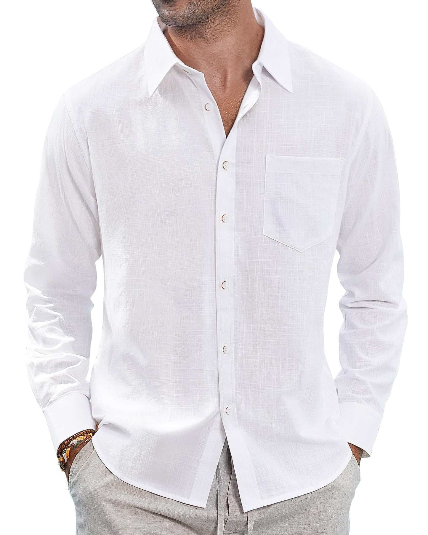 HOTJ.VER Men's Linen Shirts Casual Button Down Long Sleeve Shirt Solid Spread Collar Summer Beach Shirts with Pocket