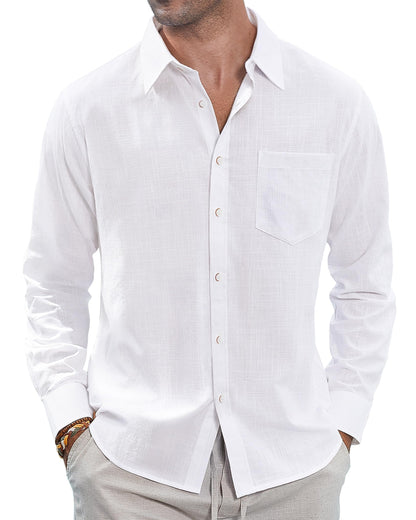 HOTJ.VER Men's Linen Shirts Casual Button Down Long Sleeve Shirt Solid Spread Collar Summer Beach Shirts with Pocket