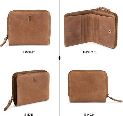 HOTBERLINER BAGS Genuine Leather Small Wallet Women Sara, Gift Box – Brown | Soft Leather Bifold Zip Wallet, Fits Purses & Crossbody Bags, 8 Card Slots, Zipped Coin Pocket, RFID Blocking
