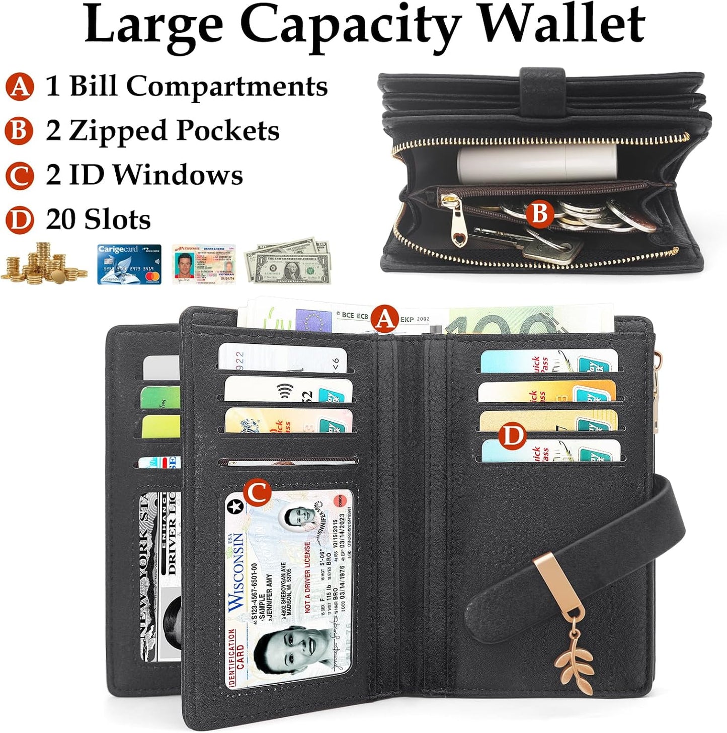HOTWomen Trifold RFID Blocking Wallet, PU Leather Large Capacity Card Holder Ladies Wallet with Clear ID Window for Daily Travel Black