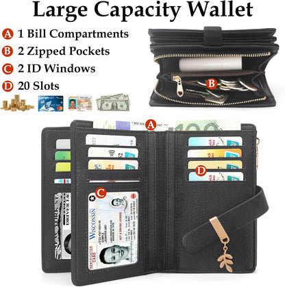 HOTWomen Trifold RFID Blocking Wallet, PU Leather Large Capacity Card Holder Ladies Wallet with Clear ID Window for Daily Travel Black