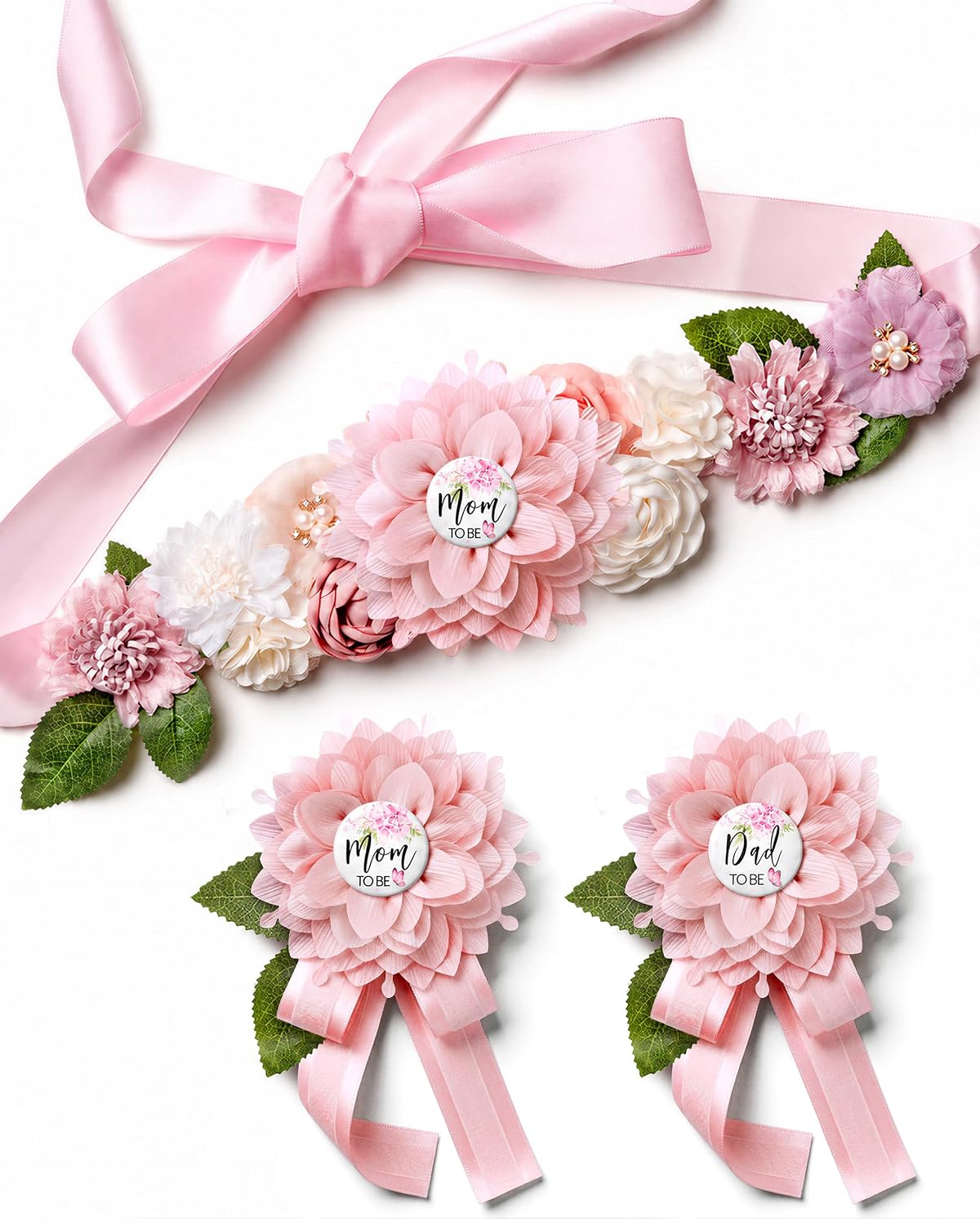 HOTBaby Shower Sash Decorations Mom to Be Corsage Gift Dad to Be Pin 3Pack Set Flower Belt for Maternity Dress - Gender Reveal Pregnancy Photo Props