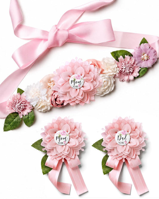 HOTBaby Shower Sash Decorations Mom to Be Corsage Gift Dad to Be Pin 3Pack Set Flower Belt for Maternity Dress - Gender Reveal Pregnancy Photo Props