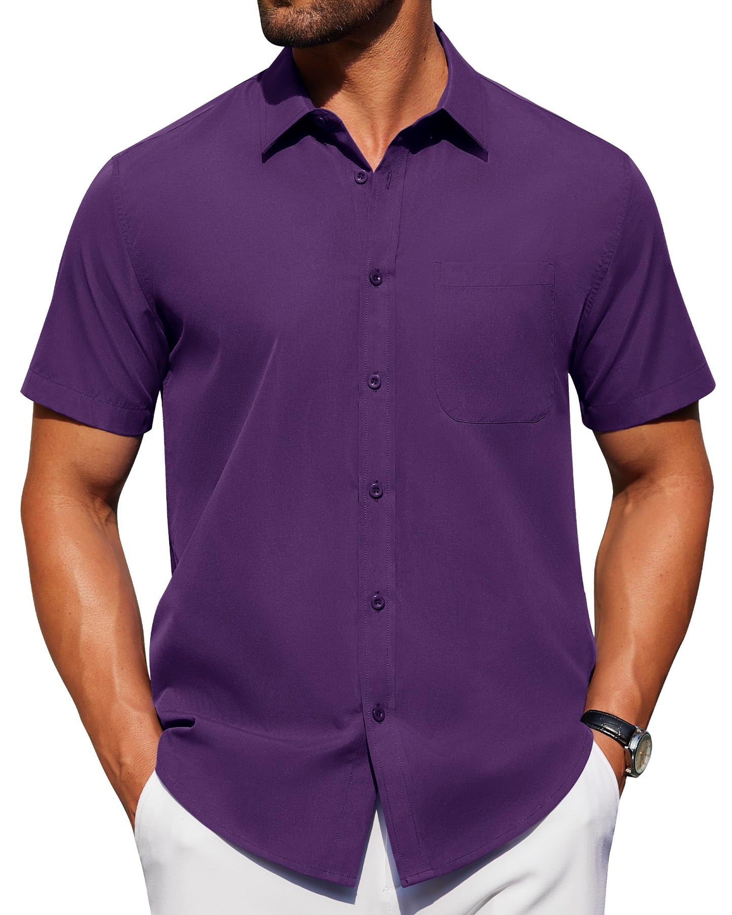HOTAlimens & Gentle Men's Short Sleeve Dress Shirts Wrinkle Free Untucked Casual Button Down Shirt
