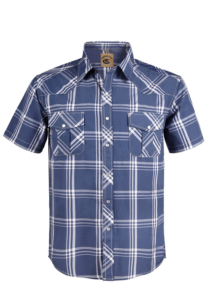 HOTCOEVALS CLUB Men's Western Cowboy Short Sleeve Pearl Snap Casual Plaid Work Shirts