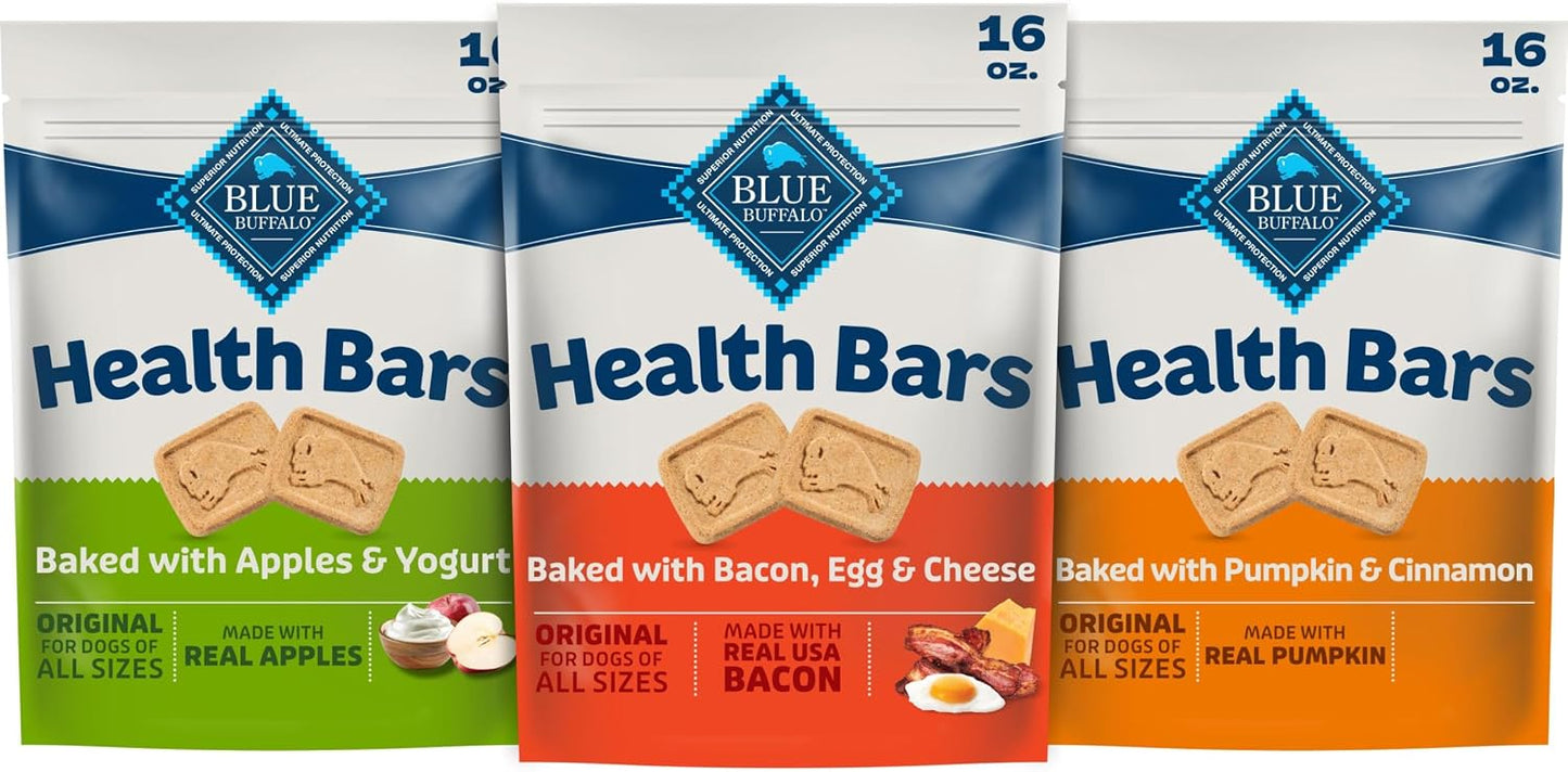 HOTBlue Buffalo Health Bars Dog Biscuits Variety Pack (Bacon Egg Cheese, Apples & Yogurt, Pumpkin & Cinnamon) Healthy Dog Treats with No Artificial Flavors or Preservatives, 16 oz. Each (3 Bags)