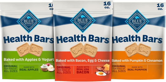 HOTBlue Buffalo Health Bars Dog Biscuits Variety Pack (Bacon Egg Cheese, Apples & Yogurt, Pumpkin & Cinnamon) Healthy Dog Treats with No Artificial Flavors or Preservatives, 16 oz. Each (3 Bags)