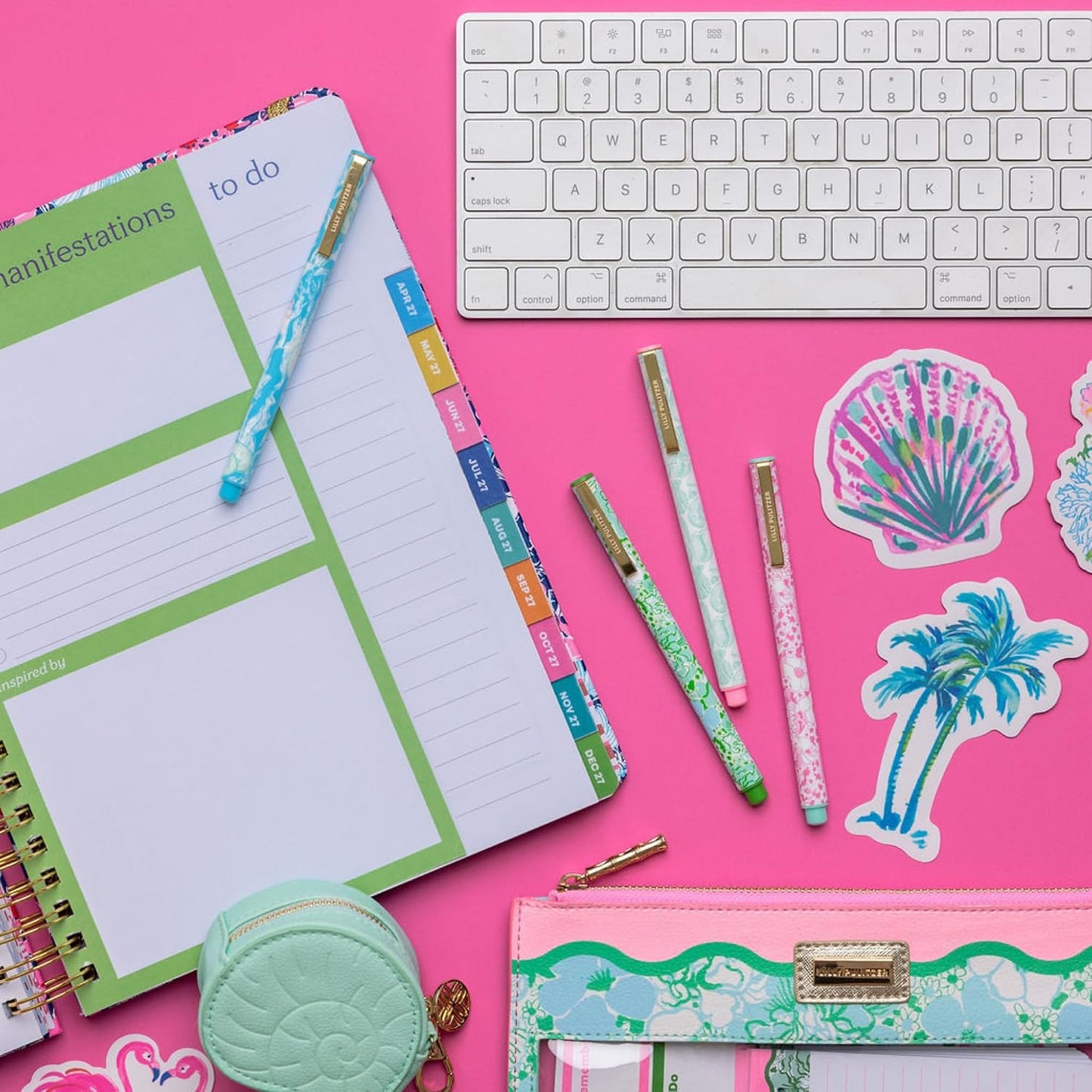 HOTLilly Pulitzer Shell Mini Keychain Pouch, Mint Green Shell | 3" x 3" x 1.75" Cute Leatherette Coin Purse Bag Charm with Gold Clip & Logo Charm Zipper Pull