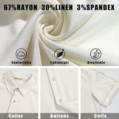 HOTCURBODO Linen Blend Shirts for Men Casual Short Sleeve Button Down Shirt Cool Summer Beach Wedding Vacation Tops