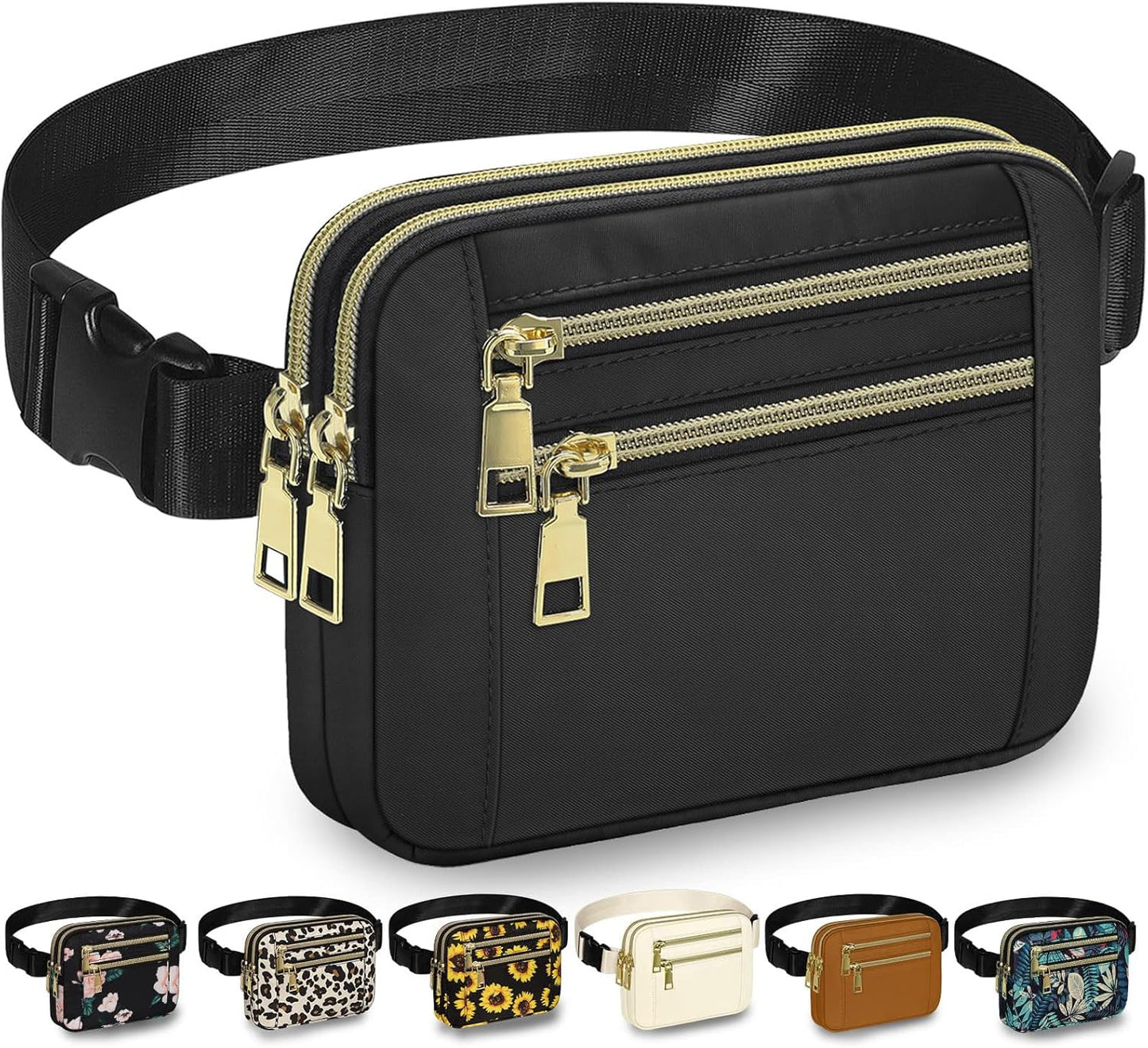 HOTCapolo Fanny Packs for Women Fashion Waist Packs Bag with Adjustable Strap and 4 Zipper Pockets Waterproof Everywhere Crossbody Belt Bag for Workout Running Travelling(Black, Large)