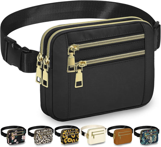 HOTCapolo Fanny Packs for Women Fashion Waist Packs Bag with Adjustable Strap and 4 Zipper Pockets Waterproof Everywhere Crossbody Belt Bag for Workout Running Travelling(Black, Large)