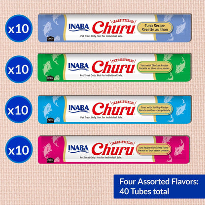 HOTINABA Churu Cat Treats, Lickable, Squeezable Creamy Purée Cat Treat with Green Tea Extract & Taurine, 0.5 Ounces Each Tube, 40 Tubes, Tuna & Seafood Variety Box