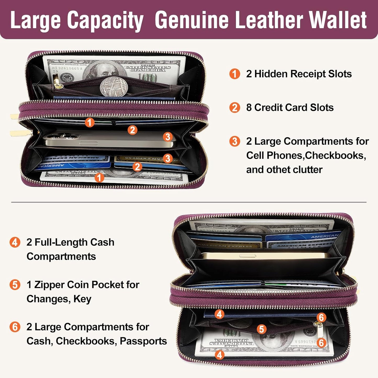 HOTMoraMok Genuine Leather Wallet for Women, Large Capacity Credit Card Holder Wallet with RFID Blocking, Double Zipper Pocket, Phone Wristlet Purse (Dark Purple)