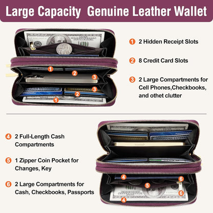 HOTMoraMok Genuine Leather Wallet for Women, Large Capacity Credit Card Holder Wallet with RFID Blocking, Double Zipper Pocket, Phone Wristlet Purse (Dark Purple)